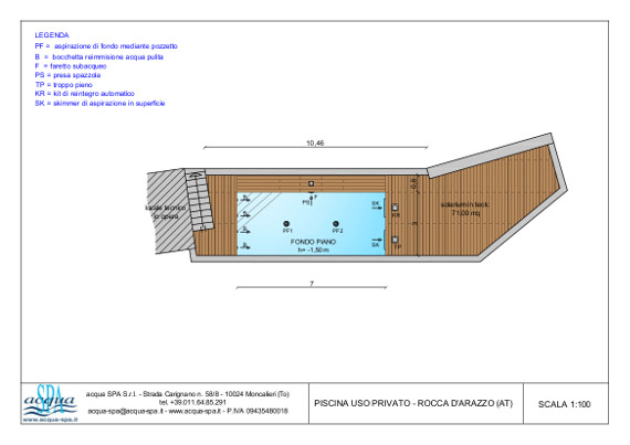 piscina interrata isoblok, forma classica, con area solarium in legno ricostruito di teck, skimmer sfioratore, Acqua SPA