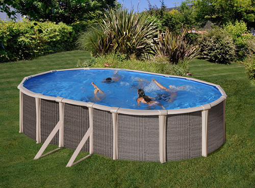 piscina fuori terra in acciaio ovale, decorazione effetto intreccio