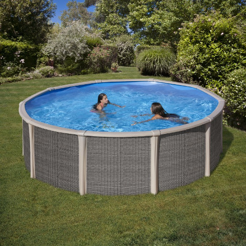 piscina fuori terra in acciaio rotonda, decorazione effetto intreccio