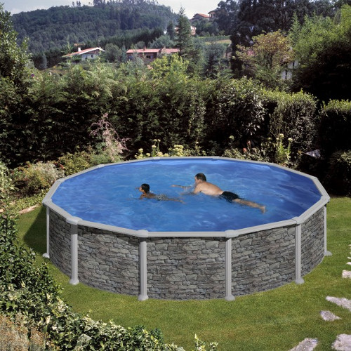 piscina fuori terra in acciaio, rotonda, decorazione effetto pietra